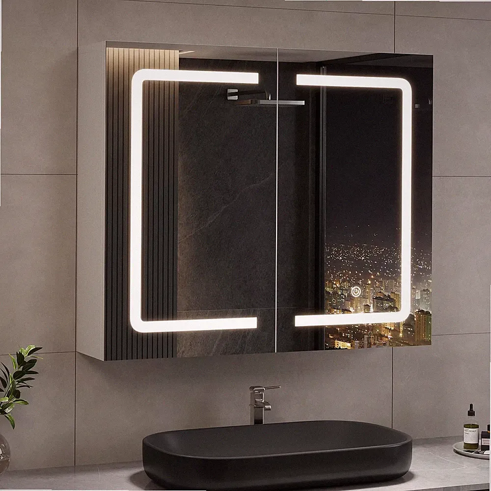 Spiegelschrank Bad mit Beleuchtung, Steckdose, dimmbar, Hängeschrank 70x60cm