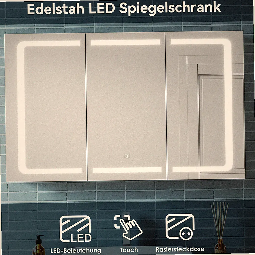 Spiegelschrank Bad mit LED Beleuchtung 105cm 3-türig Steckdose Touch Badschrank