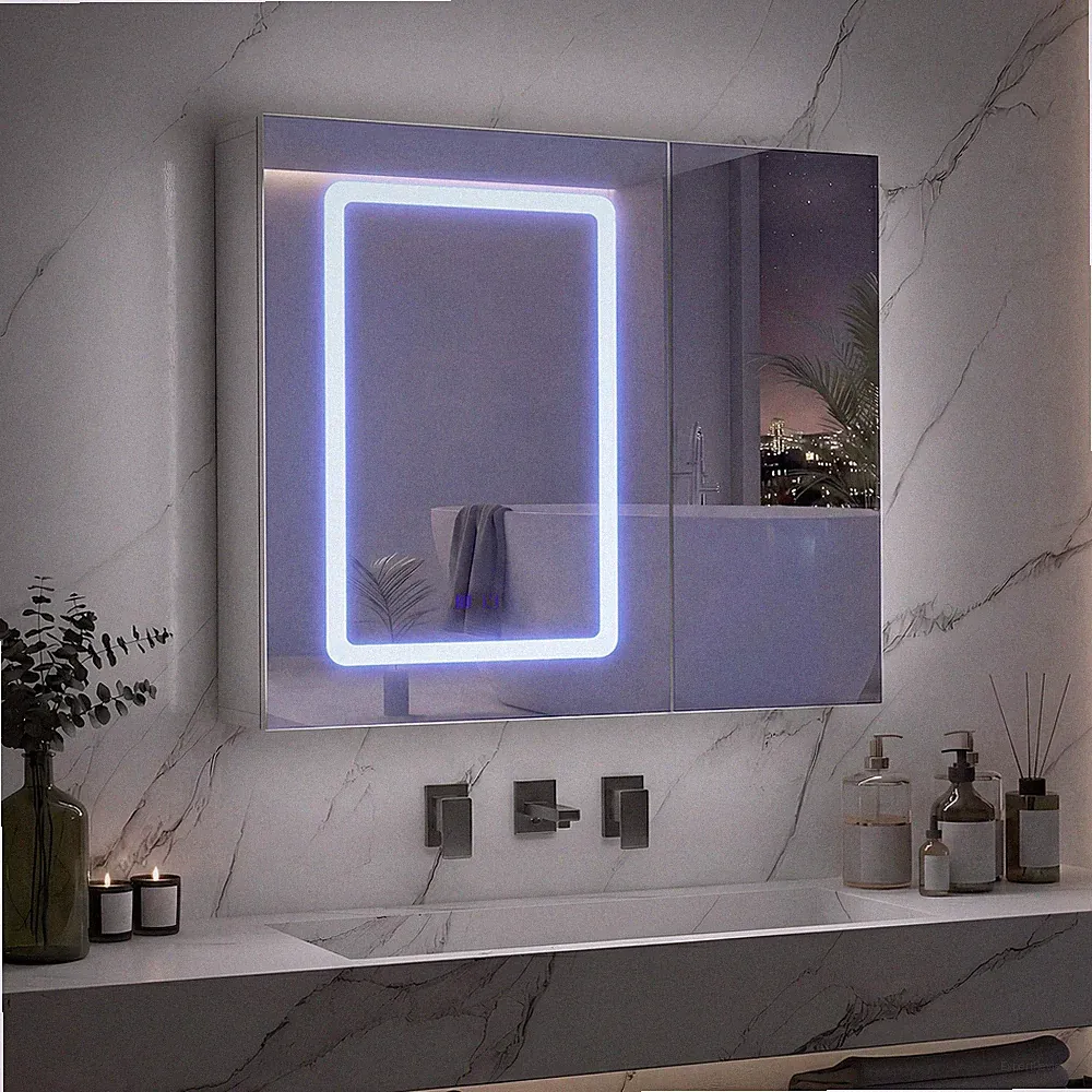 Spiegelschrank Bad mit LED-Beleuchtung,3-teiligem HD-Spiegel Verstellbare Regale