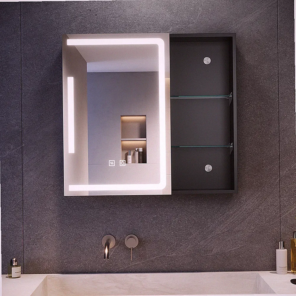 Spiegelschrank Bad mit LED Beleuchtung 65x60cm Steckdosen Dimmbar Beschlagfrei