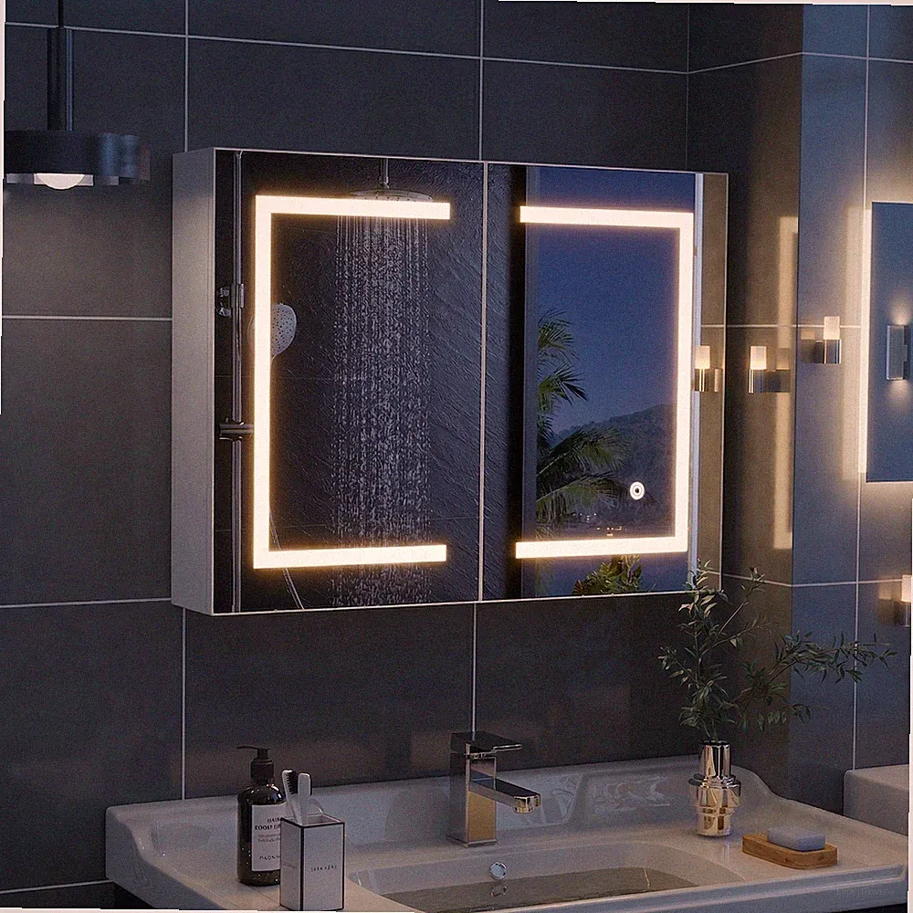 Spiegelschrank Bad mit LED Beleuchtung 80x13.5x60cm Badezimmer mit 3 Lichtfarben