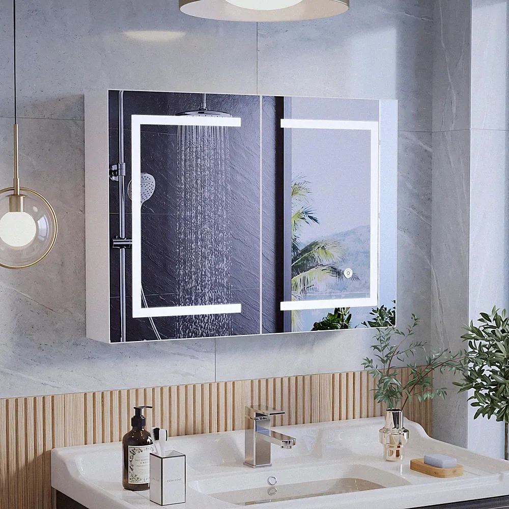 Spiegelschrank Bad mit LED Beleuchtung, 80x13.5x60cm, Badezimmer Spiegelschrank