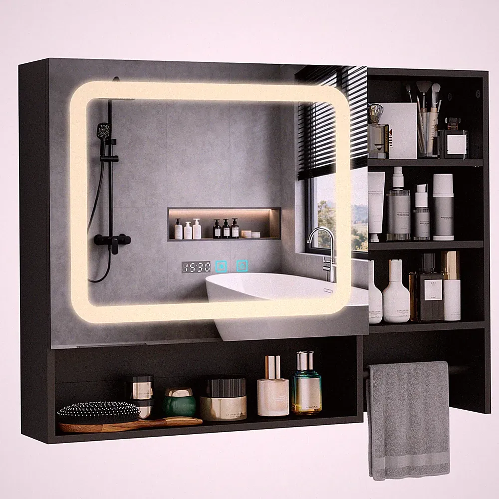 Spiegelschrank Bad mit LED Beleuchtung 80x60cm Badezimmerschrank Handtuchhalter