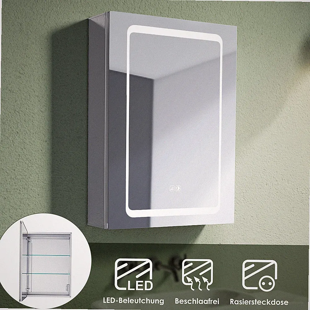 Spiegelschrank Bad mit LED Beleuchtung Badschrank Steckdose Beschlagfrei Alu 50