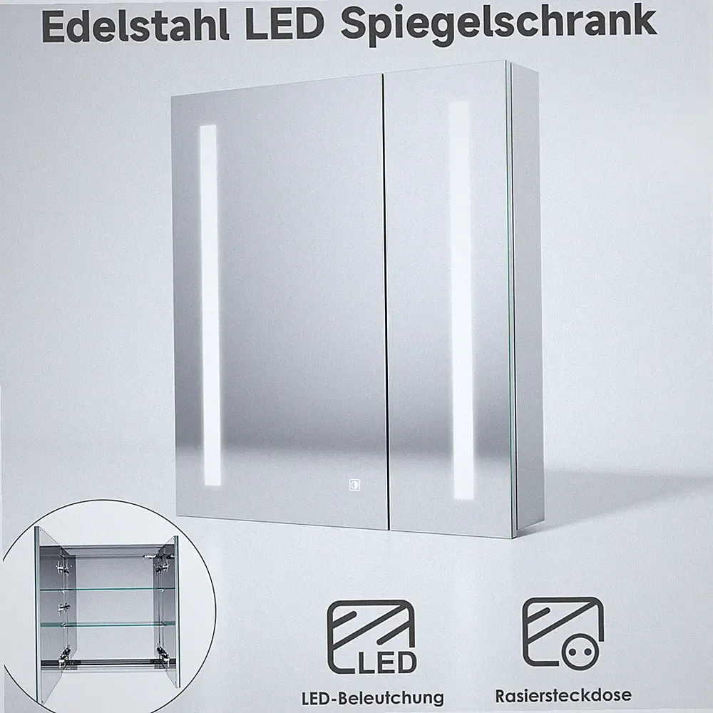 Spiegelschrank Bad mit LED Beleuchtung BadSpiegel Steckdose Touch Edelstahl 60cm