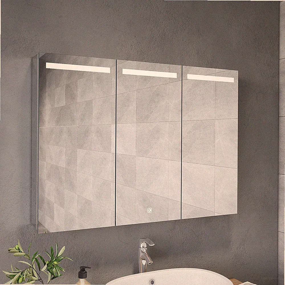 Spiegelschrank Bad mit LED Beleuchtung Edelstahl Steckdose Badspiegel Touch 90cm