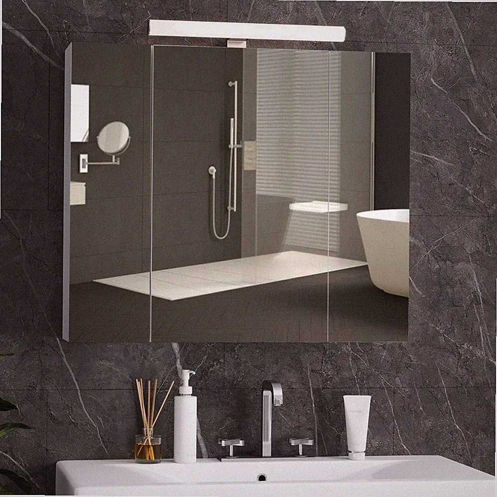 Spiegelschrank Bad mit LED Beleuchtung Steckdose 3 Türen weiß 70x15x60cm