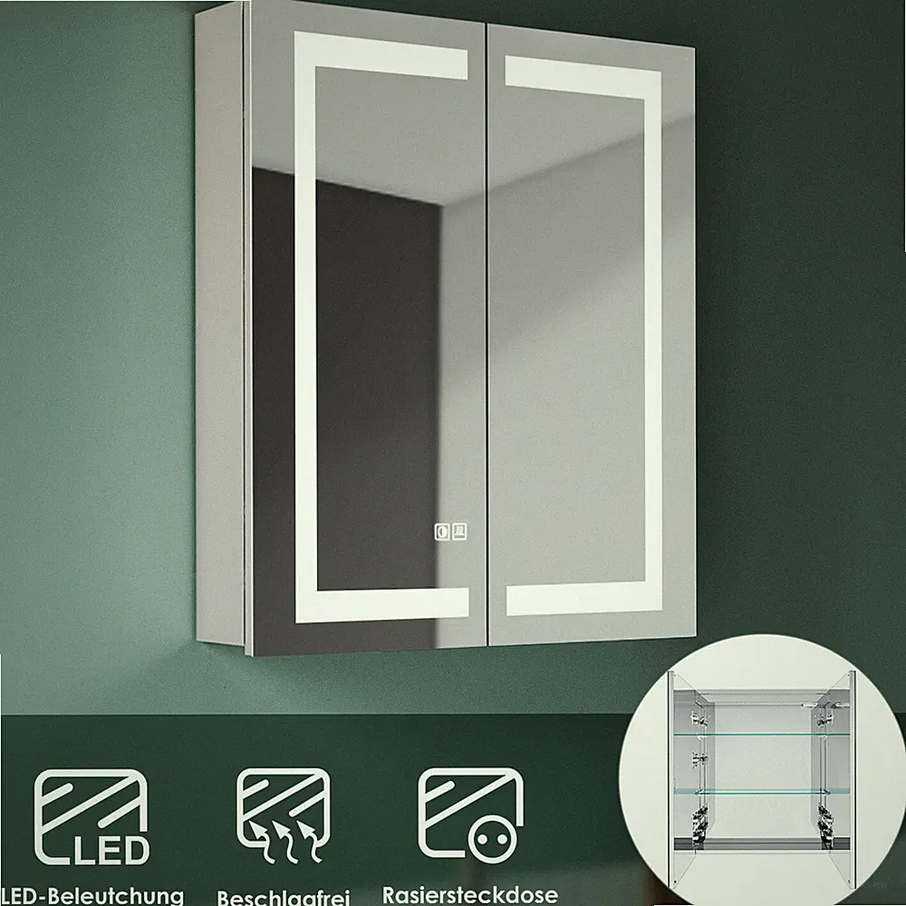 Spiegelschrank Bad mit LED Beleuchtung Steckdose Beschlagfrei Touch Edelstahl 60