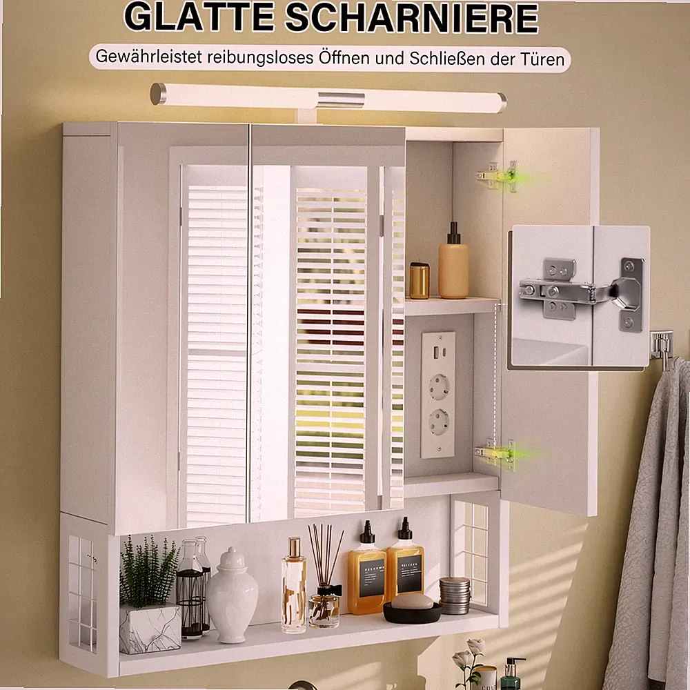 Spiegelschrank Bad mit LED-Leuchten & Steckdosen, Badezimmerschrank 3 Regal Weiß