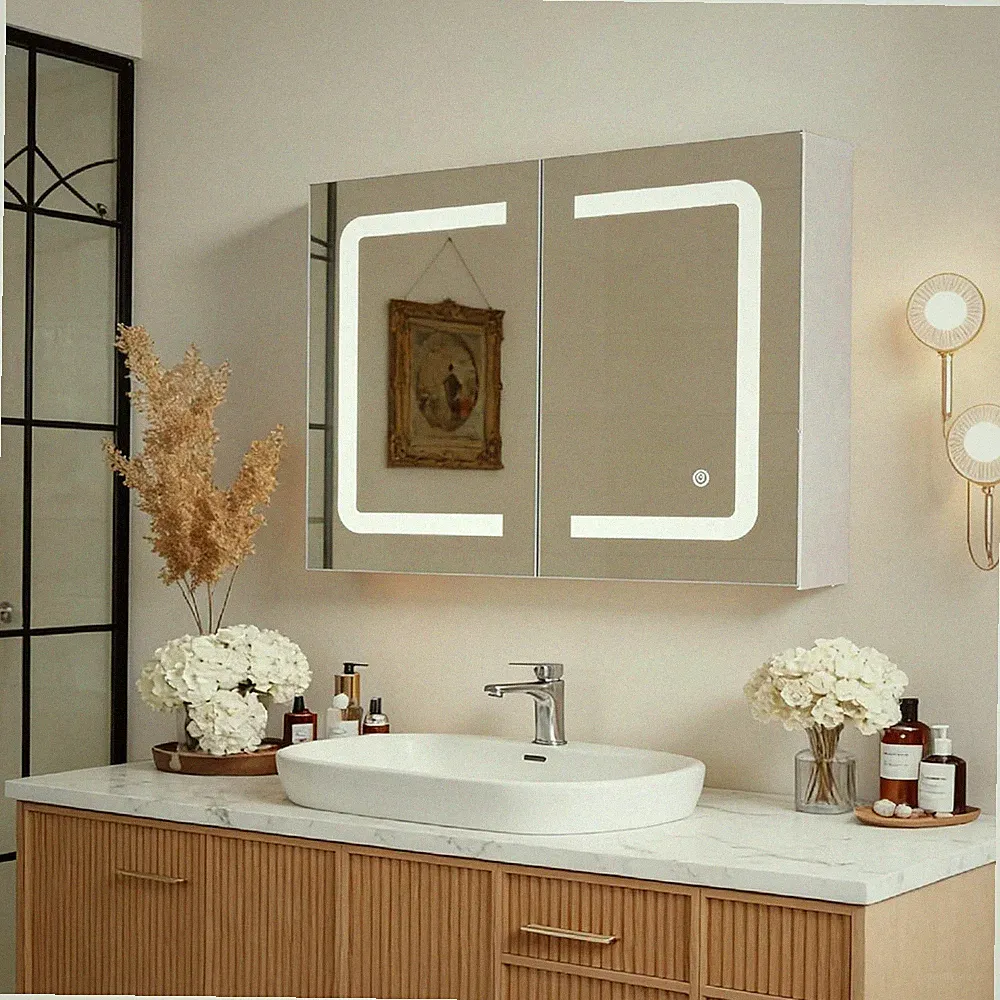 Spiegelschrank Bad mit Touch Beleuchtung & Stauraum – 2-Wege Spiegel 80x60x13 cm