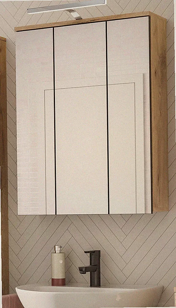 Spiegelschrank Bad Schrank Badezimmer Spiegel 3D 60 cm Eiche Beleuchtung Tomaso