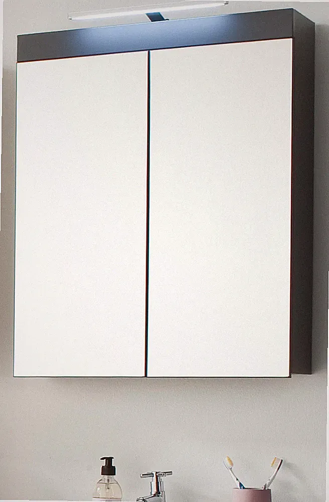 Spiegelschrank Bad Spiegel grau Hochglanz 60 cm Badezimmer Amanda LED Badlampe
