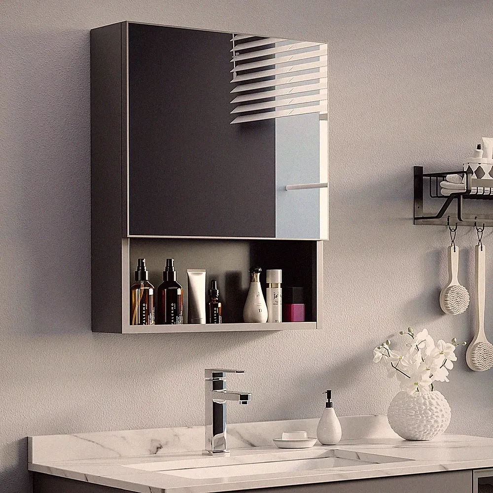Spiegelschrank Bad Spiegeltür Wandmontage Regal Stauraum Schwarz 46x13,5x58 cm