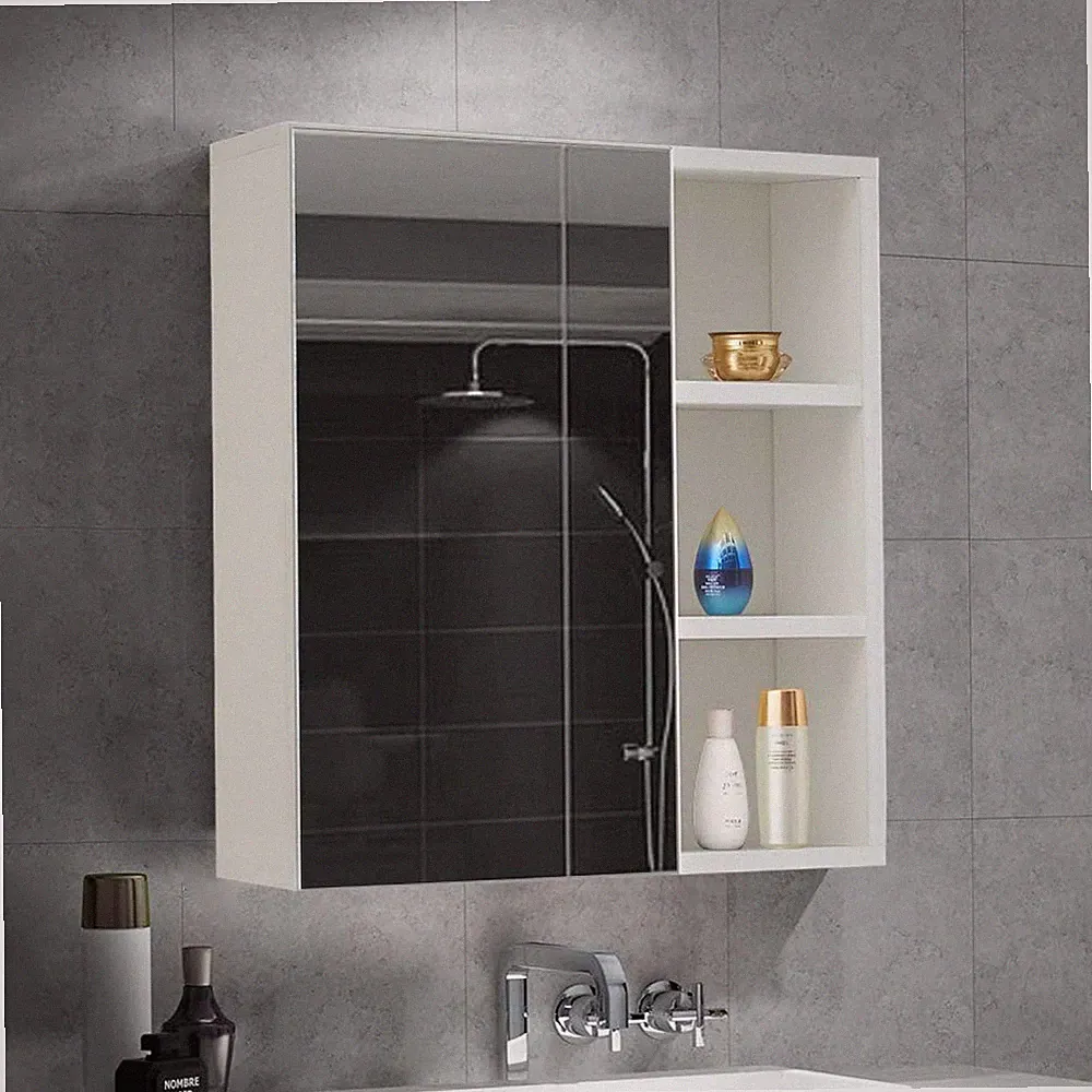 Spiegelschrank Bad Weiß mit Spiegel Ablagen LED Beleuchtung MDF 45x17x52cm