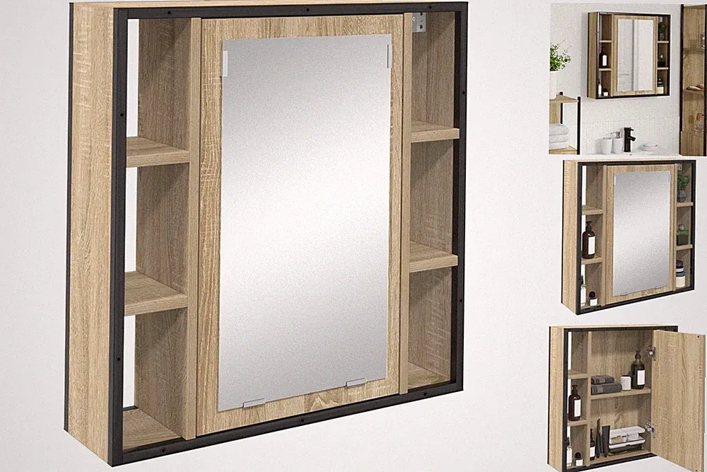 Spiegelschrank Badezimmer Holzwerkstoff Mit Licht Und Stauraum Für Modernes Bad