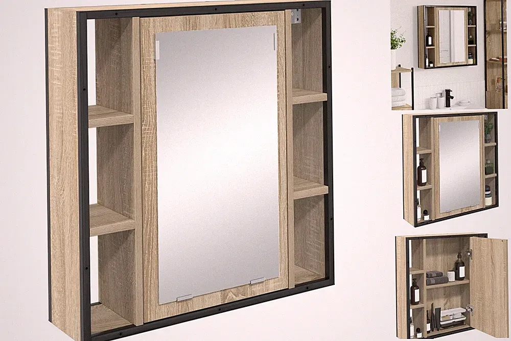 Spiegelschrank Badezimmer Holzwerkstoff Mit Licht Und Stauraum Für Modernes Bad