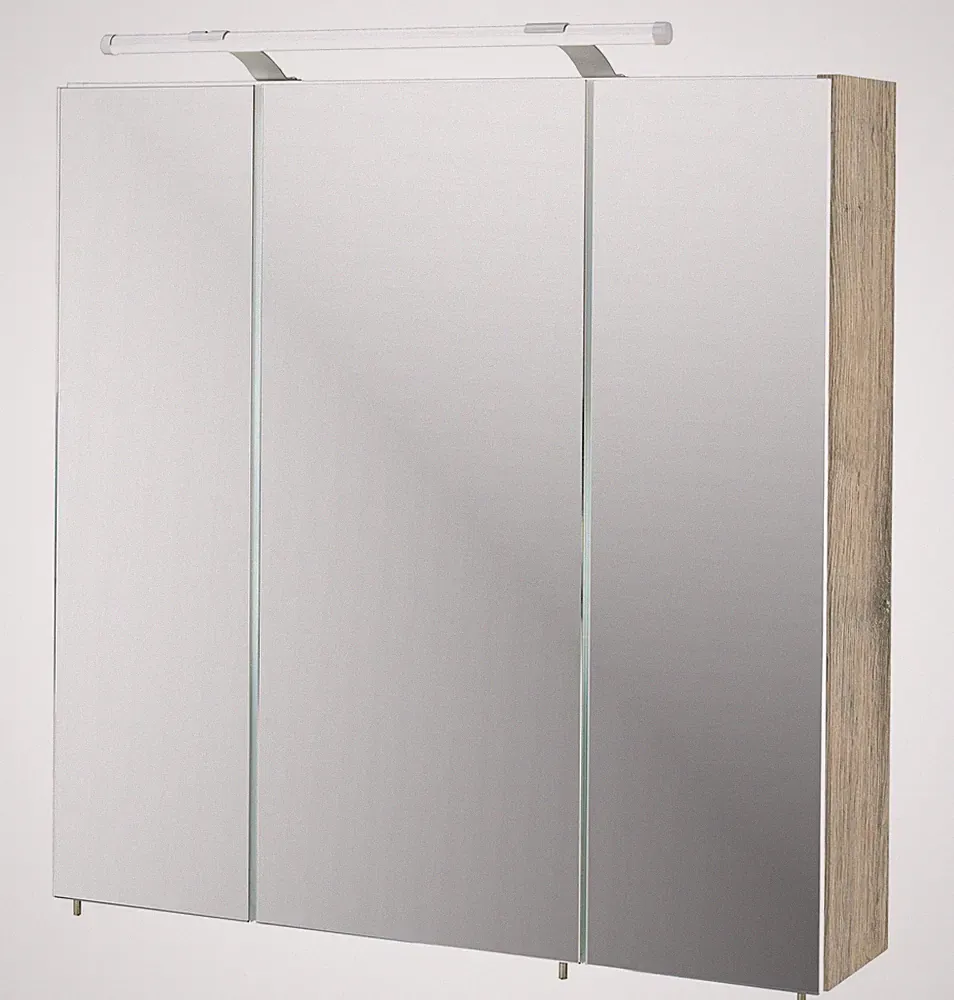 Spiegelschrank Badezimmer Wildeiche Dekor LED Beleuchtung 3 Türen 70x75x16 cm