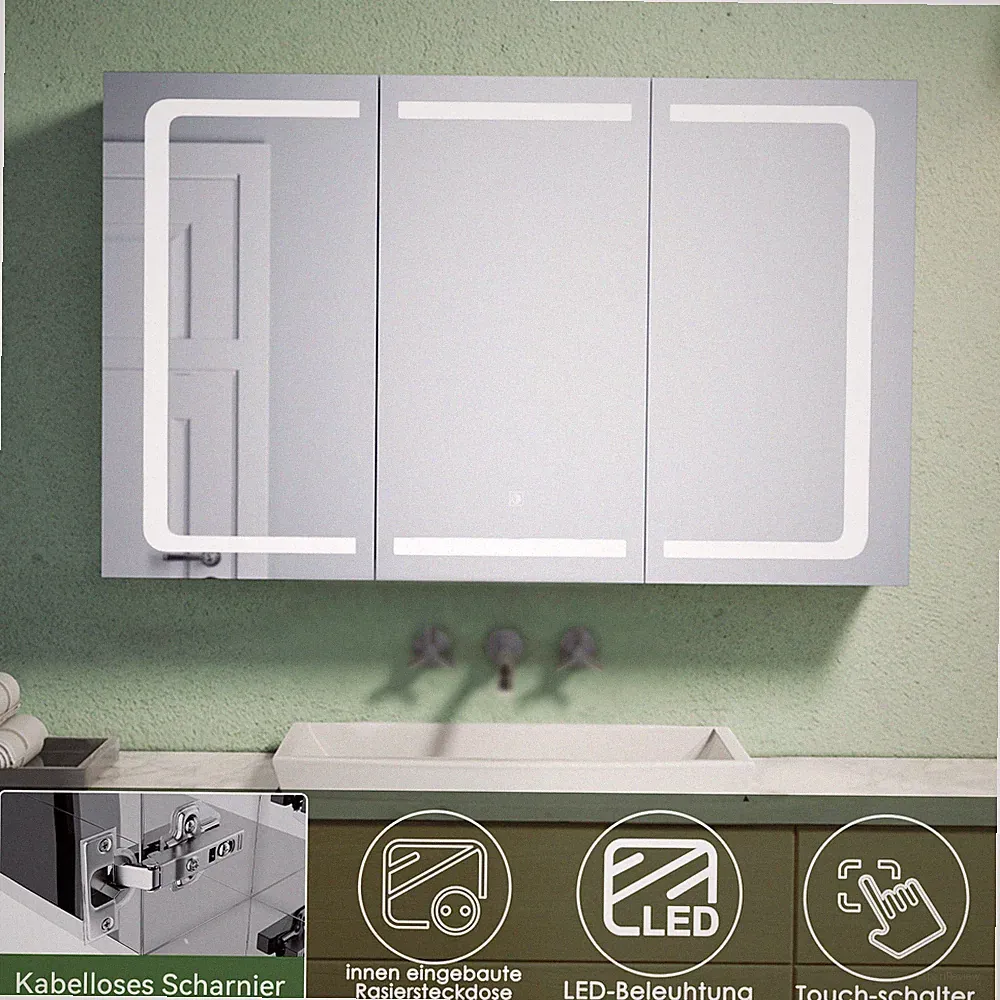 Spiegelschrank Badezimmerschrank Bad mit LED Beleuchtung Steckdose Edelstahl 105