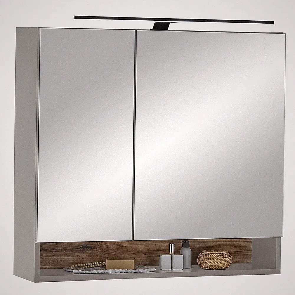 Spiegelschrank Badezimmerschrank mit LED-Beleuchtung 2 Türen Grau 80 x 75 cm