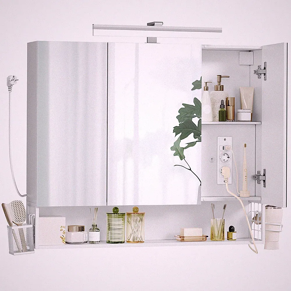 Spiegelschrank Badezimmerschrank mit Steckdosen, Hängekorb BBKDE136W01