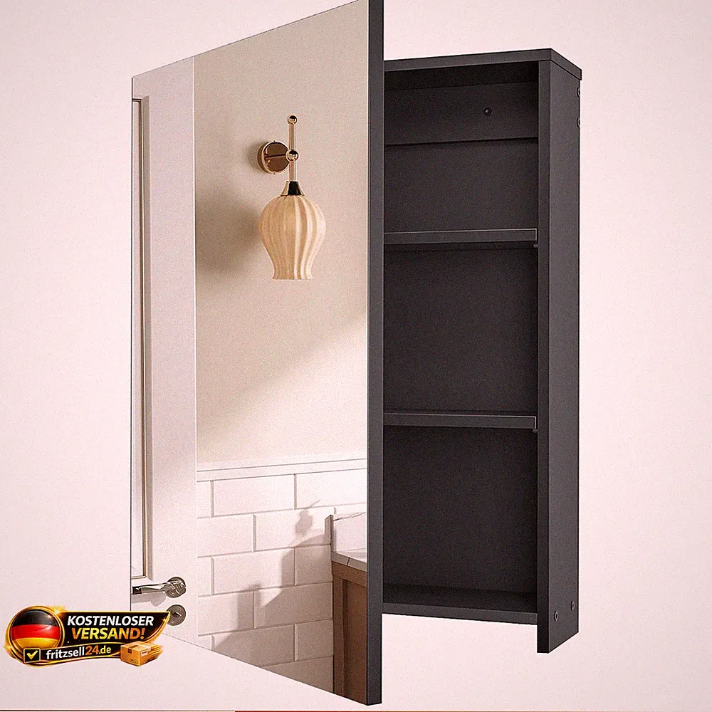 Spiegelschrank Badezimmerschrank Wandschrank Schwarz mit Verstellbaren Regalen