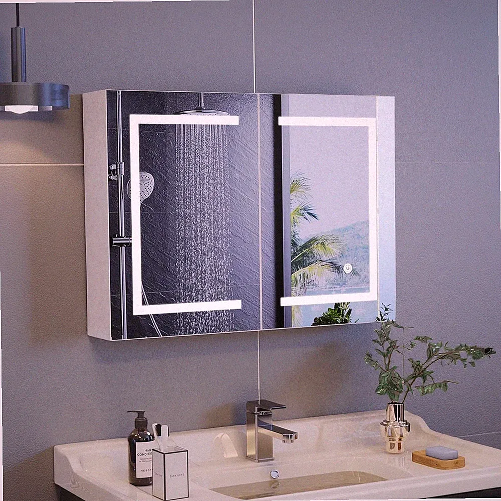 Spiegelschrank Badezimmerspiegel mit LED Beleuchtung Spiegeltüren Badmöbel 80x60