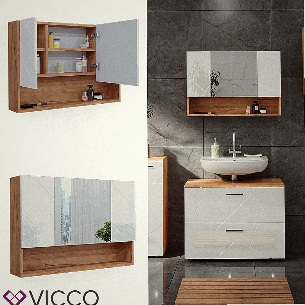 Spiegelschrank Badschrank Badezimmermöbel Bad Irma Eiche weiß Hochglanz Vicco