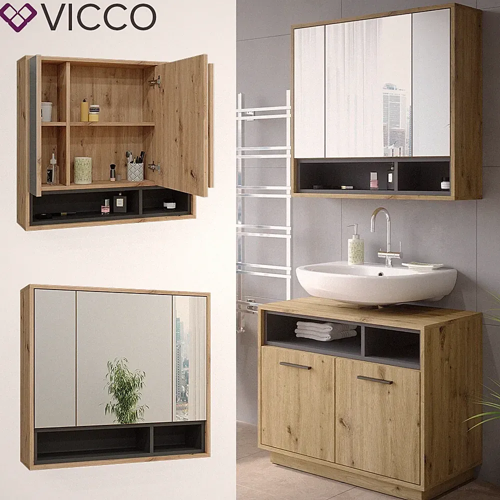 Spiegelschrank Badschrank Badezimmermöbel Beatrice Eiche Anthrazit modern Vicco