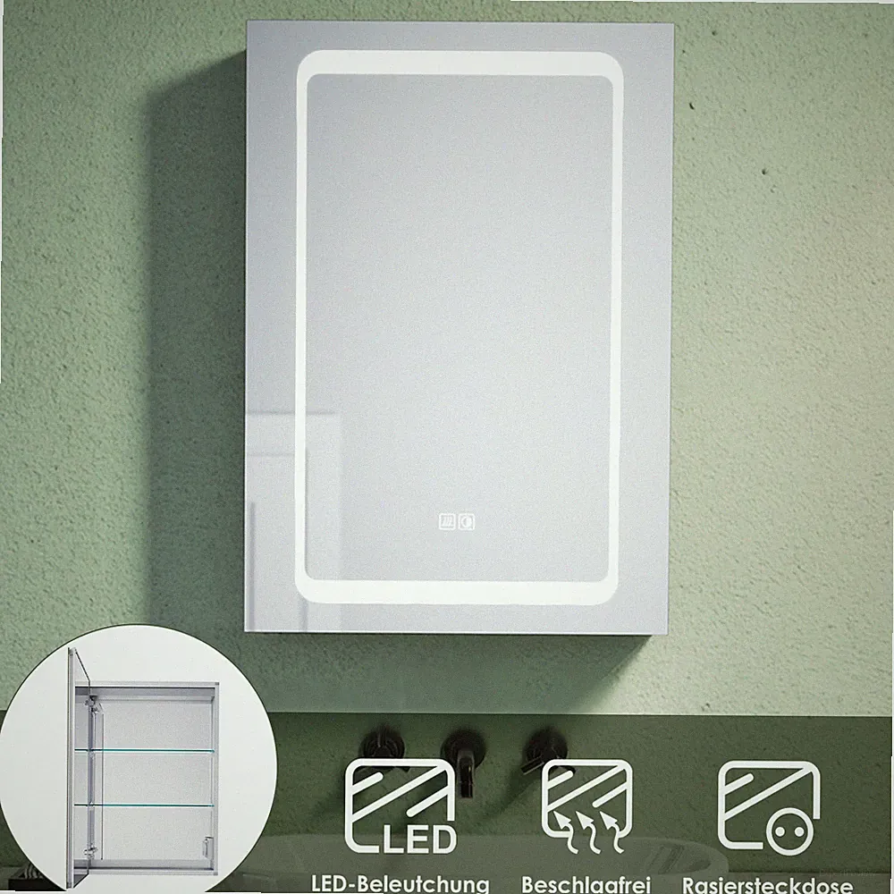 Spiegelschrank Badschrank mit LED Beleuchtung Bad Steckdose Beschlagfrei 50 Alu