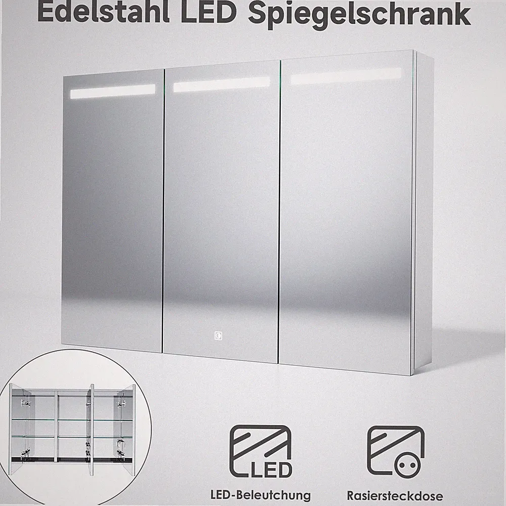 Spiegelschrank Badschrank mit LED Beleuchtung Spiegel Steckdose Edelstahl 90cm