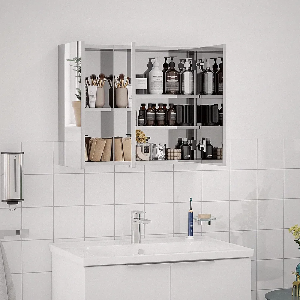 Spiegelschrank Badschrank Silber Edelstahl Wandmontage 5 Ablagen 70x12x55 cm