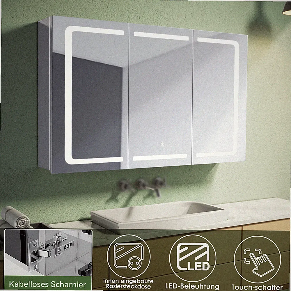 Spiegelschrank Badschrank Spiegel mit LED Beleuchtung Steckdose Edelstahl 105cm