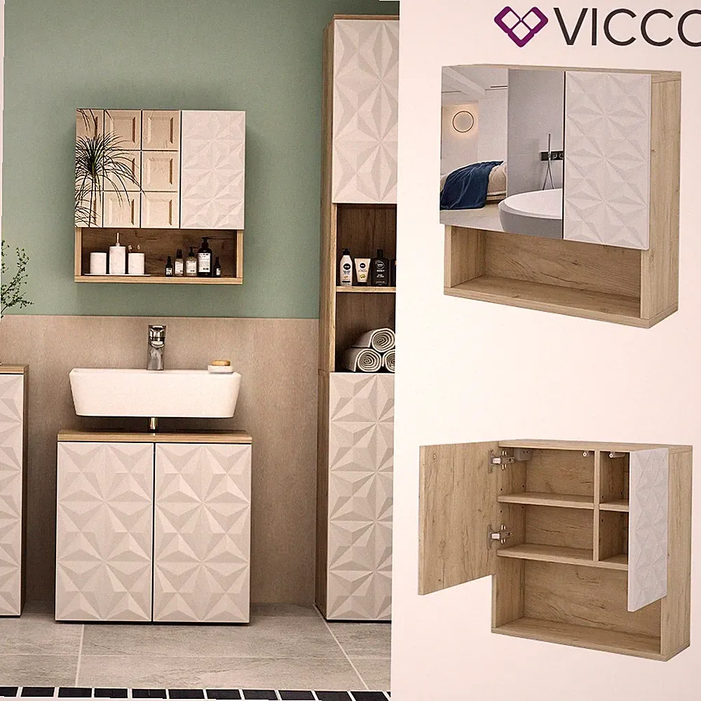 Spiegelschrank Badspiegel Wandspiegel Edge Eiche Weiß modern 54x55 cm Vicco
