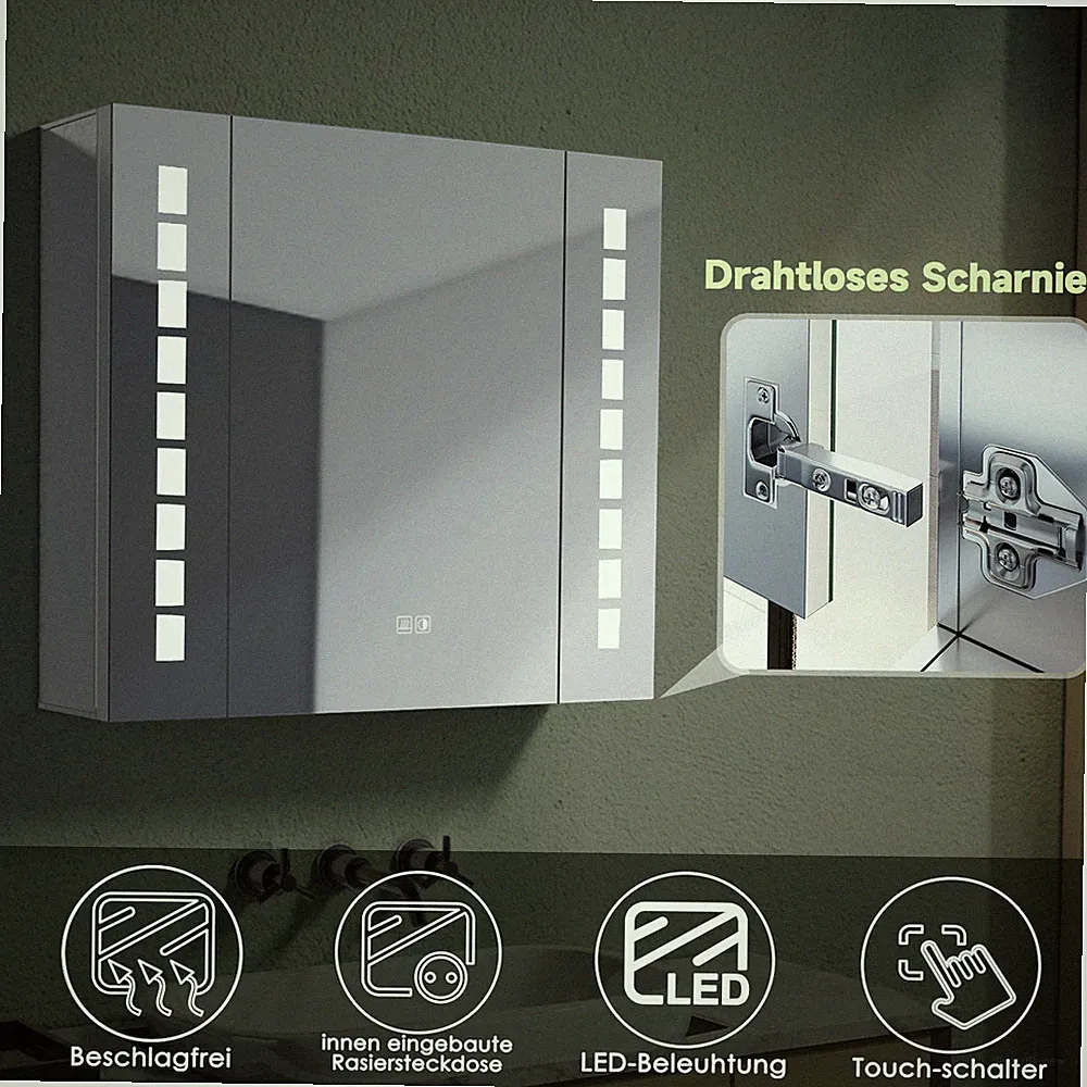 Spiegelschrank Badzimmer mit Beleuchtung LED Steckdose Beschlagfrei Aluminium 65