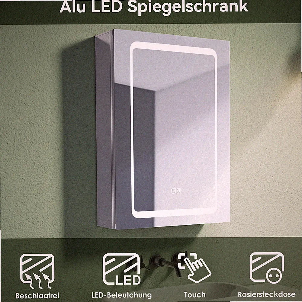 Spiegelschrank Beschlagfrei mit LED Beleuchtung Bad Badspiegel Steckdose Alu 50