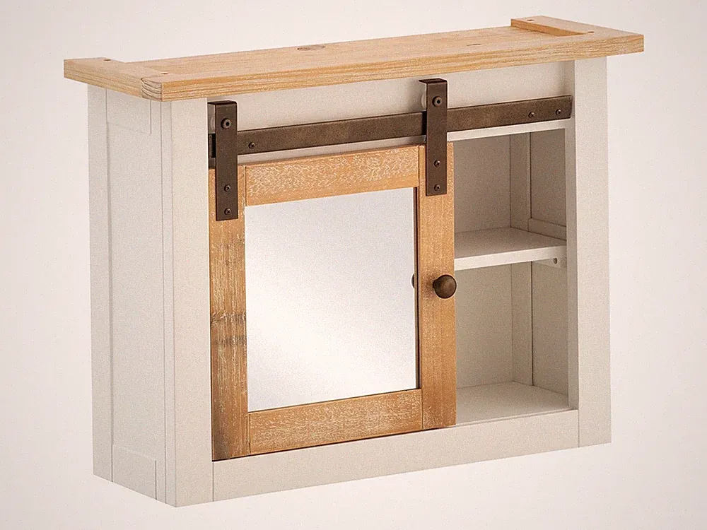 Spiegelschrank Capera 70x53x25cm Massivholz Weiß/Braun Schiebetür Badschrank