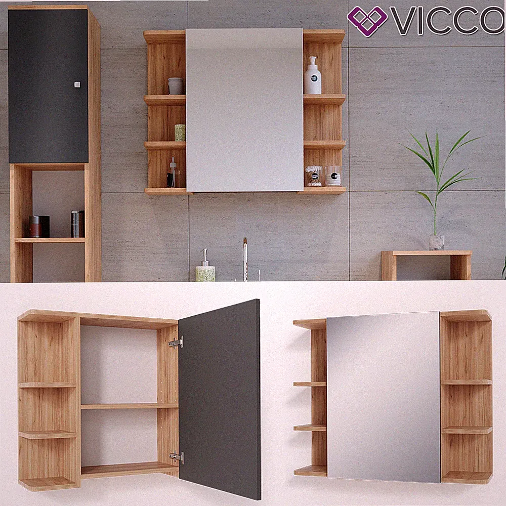 Spiegelschrank FYNN 80 x 64 Eiche Anthrazit Spiegel Badspiegel Wandspiegel VICCO
