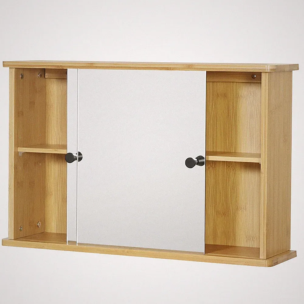 Spiegelschrank Hängeschrank Bad mit Spiegel Schiebetüren Badschrank Bambus 0152y