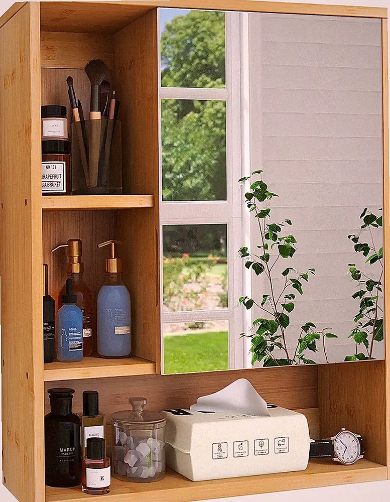 Spiegelschrank Hängeschrank Badschrank Spiegel Wandschrank Bambus mit Ablage DE