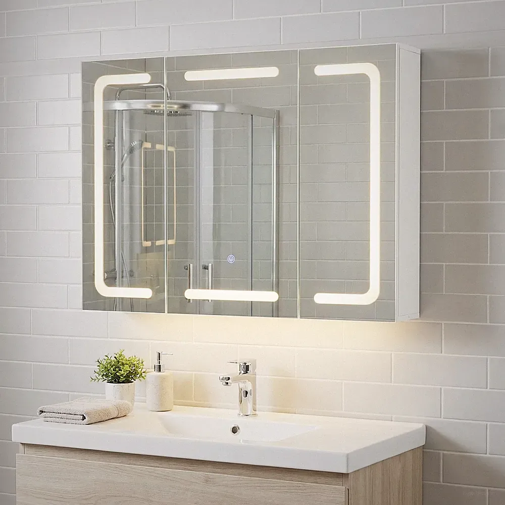 Spiegelschrank Hängeschrank mit Beleuchtung 3 Spiegeltüren Weiß 60×80 cm