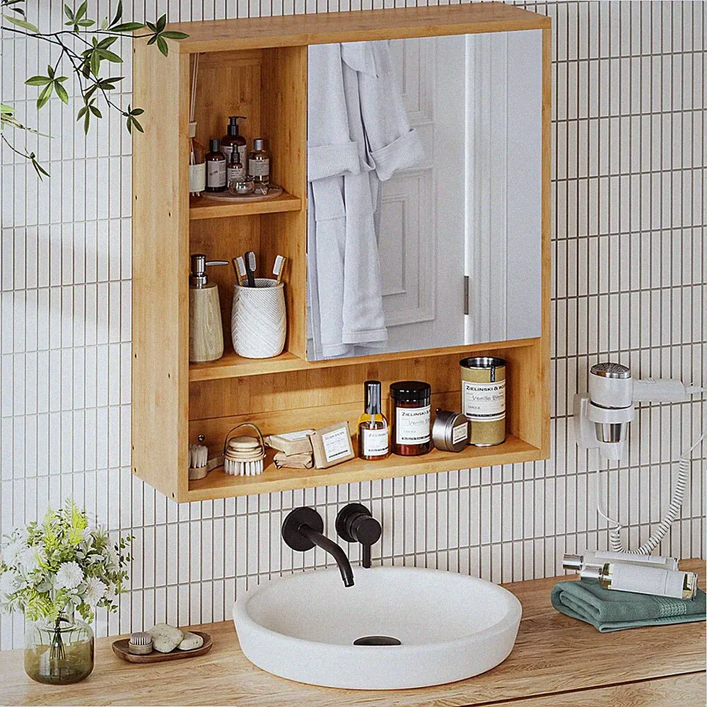 Spiegelschrank Holz Bad Badezimmerschrank Bambus Badschrank mit Spiegel klein WC
