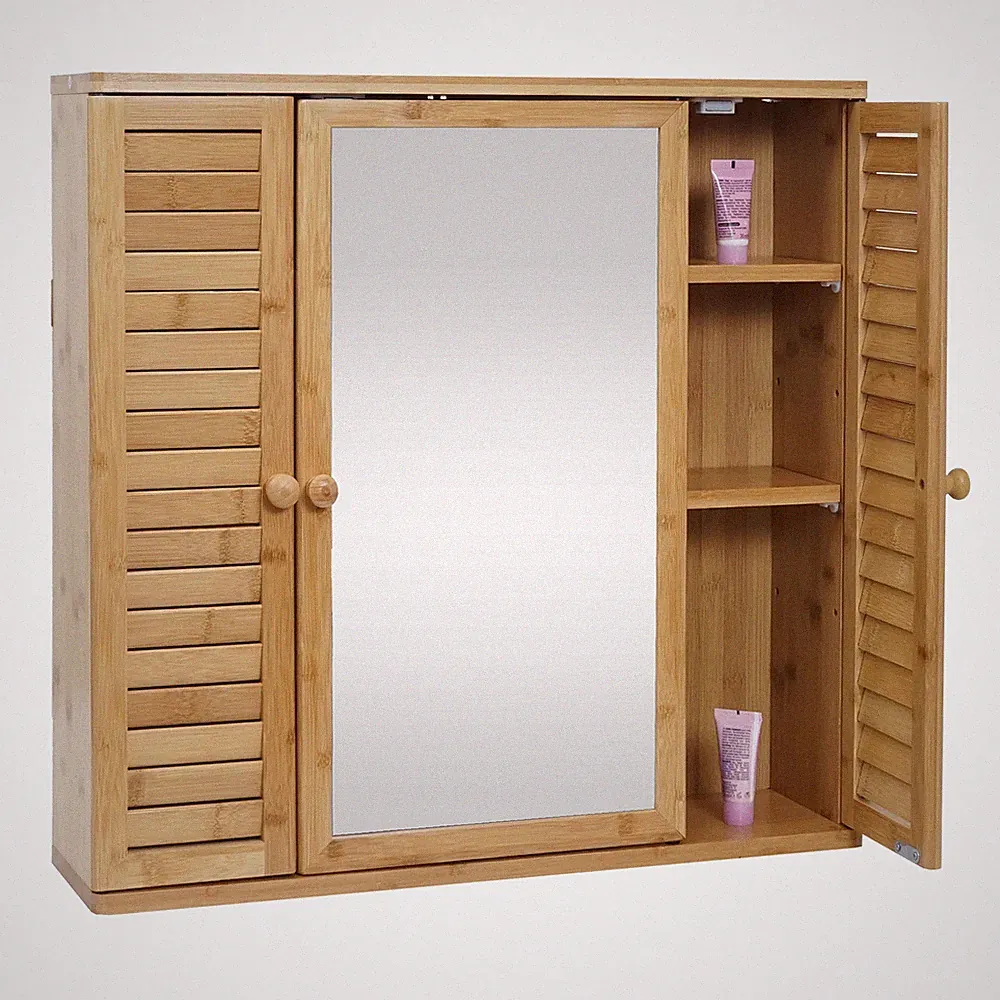 Spiegelschrank HWC-B18, Badspiegelschrank Hängeschrank Regalböden Bambus Spiegel