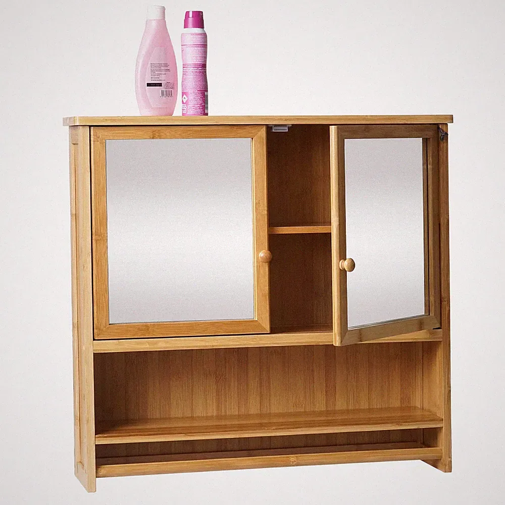 Spiegelschrank HWC-B18, Hängeschrank, 3 Regalböden Spiegel Bambus 62x66x15cm