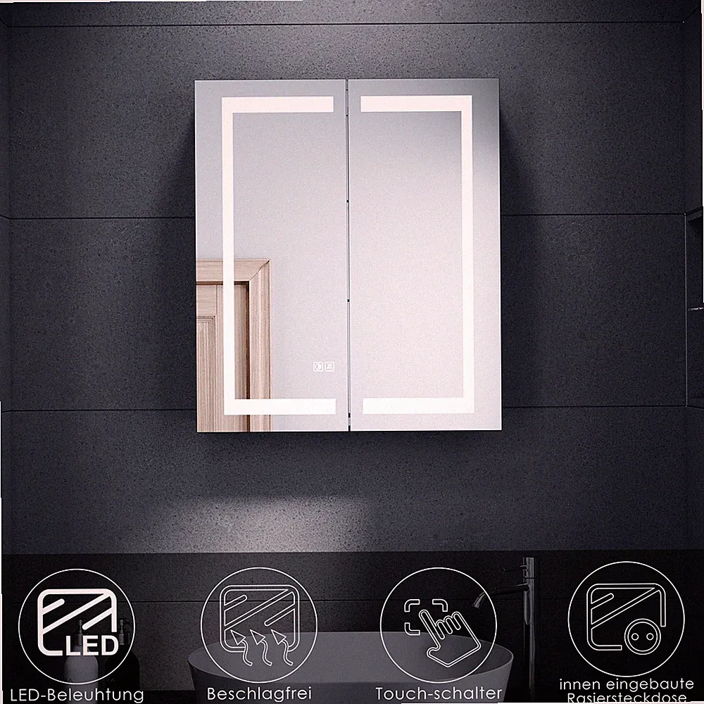 Spiegelschrank LED Bad mit Beleuchtung 60 cm Touch Steckdose Beschlagfrei IP44