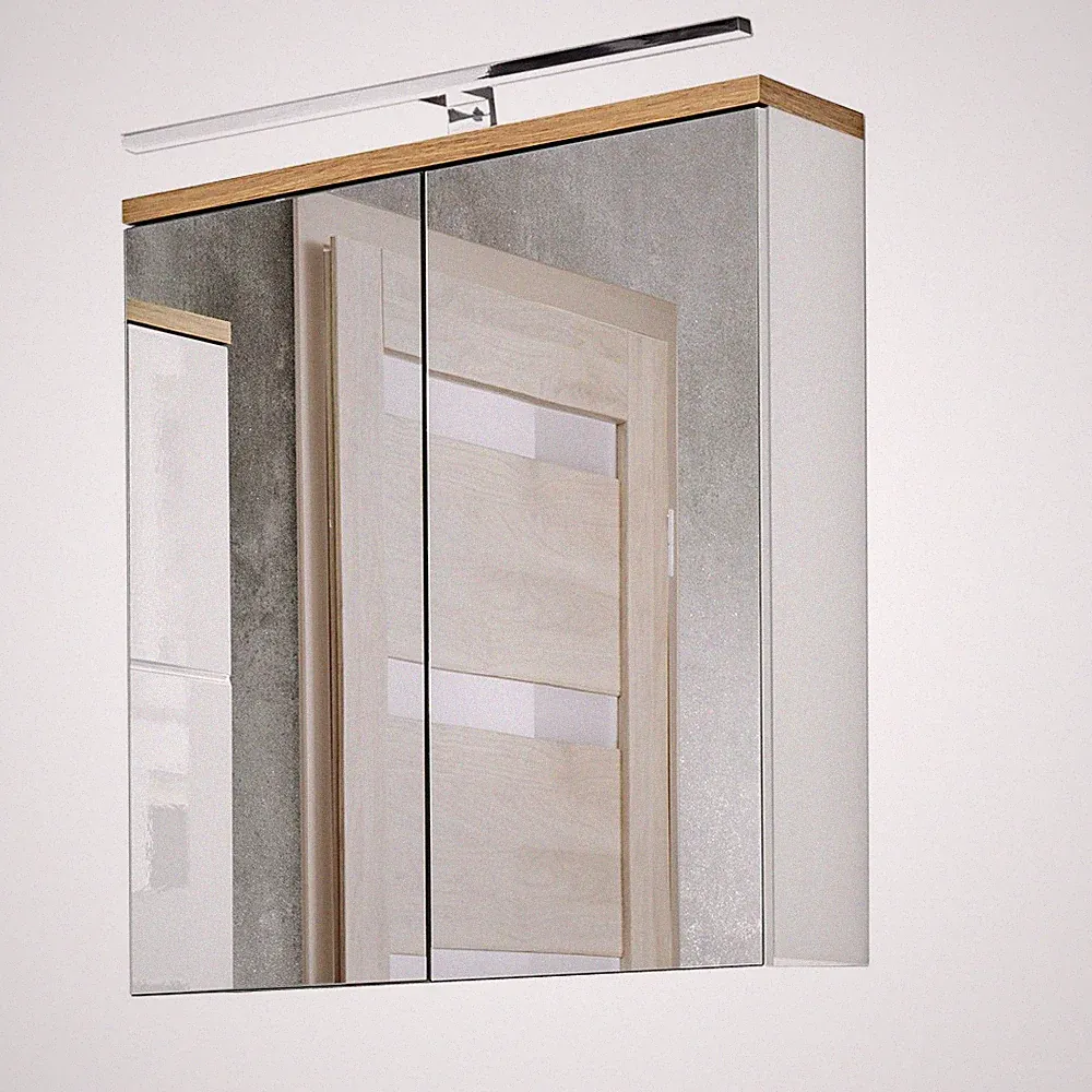 Spiegelschrank LED Beleuchtung 60cm weiß mit Eiche Badspiegel Badezimmer-Spiegel