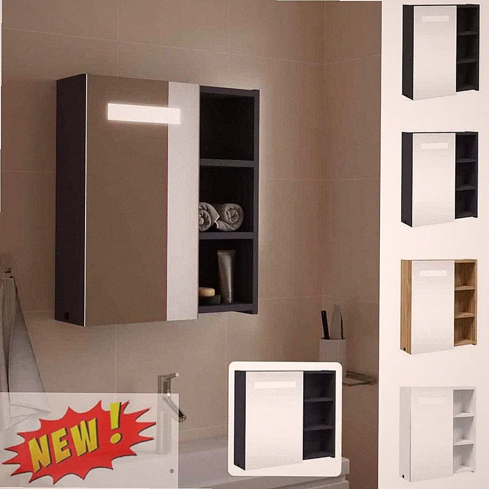 Spiegelschrank LED-Beleuchtung Badschrank Hängeschrank Badregal Grau DE