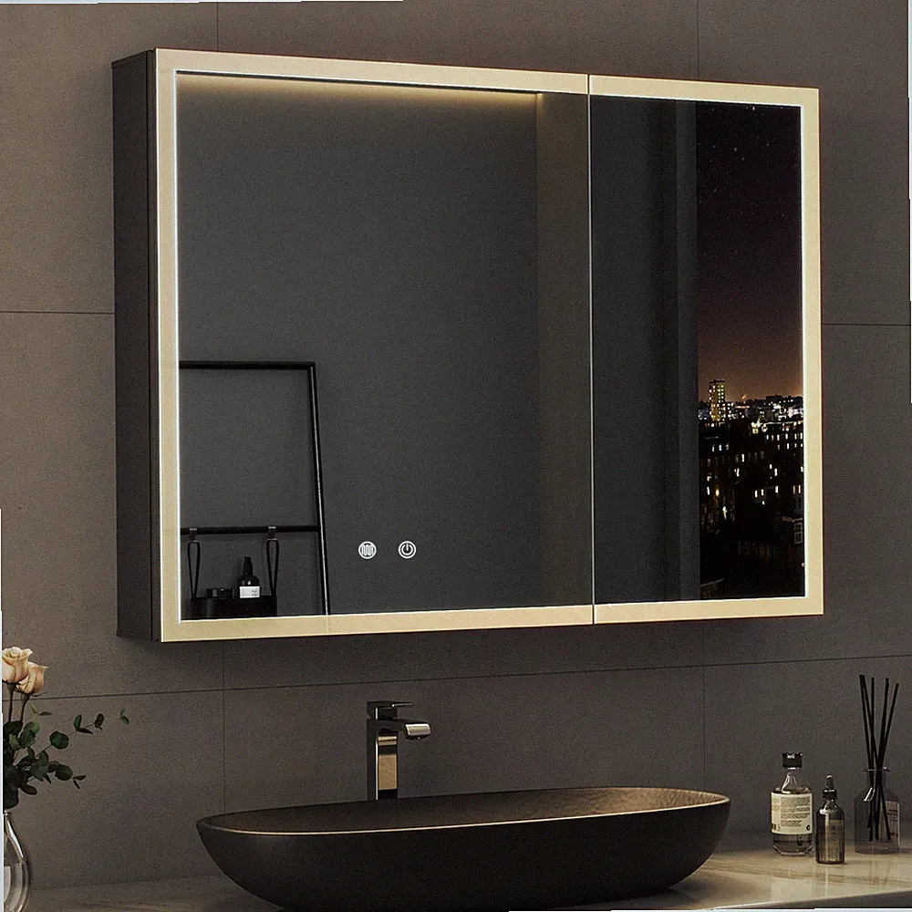 Spiegelschrank Metall Bad Mit LED 60x80cm 3 Helligkeiten Antibeschlag Steckdo