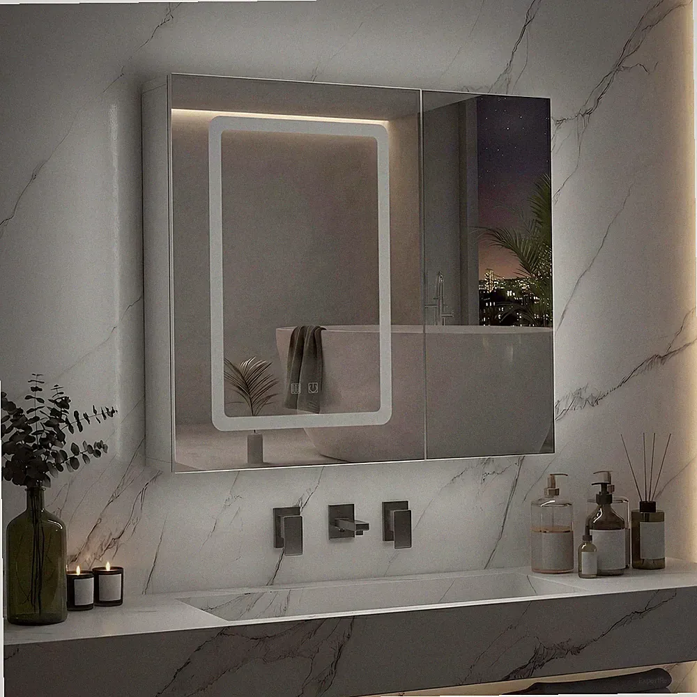 Spiegelschrank mit LED,2 HD-Spiegel Wandschrank Badezimmerschrank 70x60x13.5cm