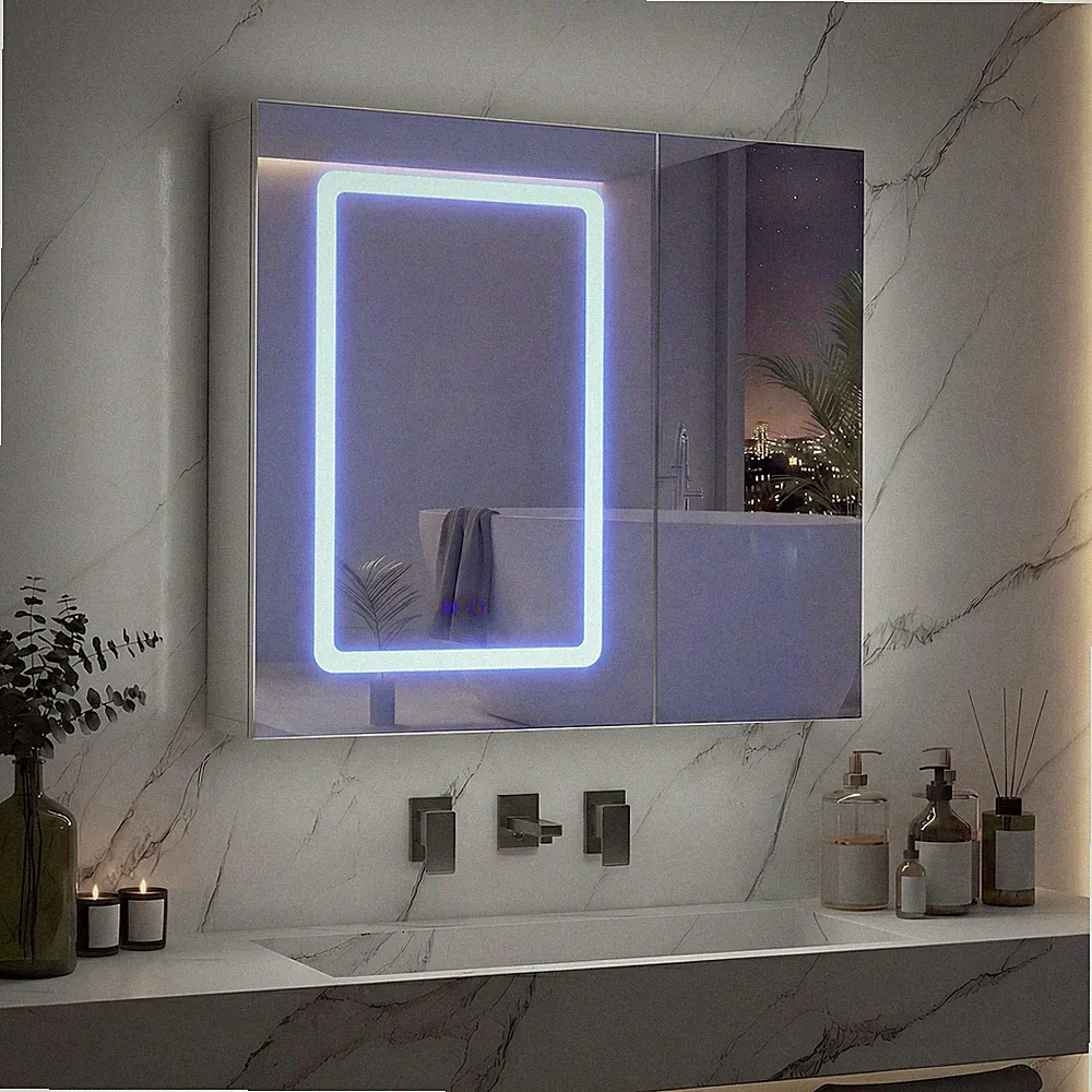 Spiegelschrank mit LED Badezimmerschrank 3 Lichtfarben Türen Spiegelschrank Weiß