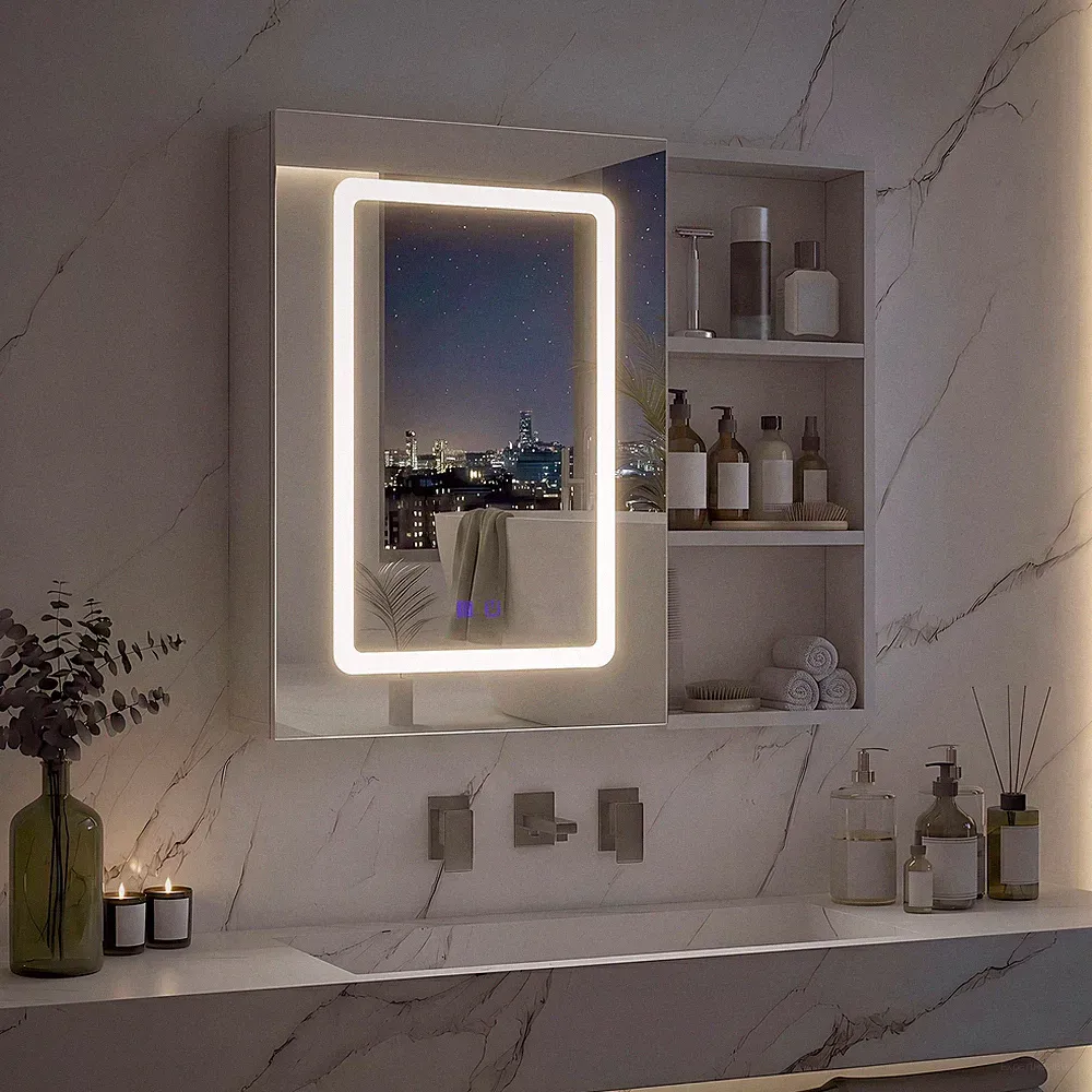 Spiegelschrank mit LED Badezimmerschrank mit 3 Lichtfarben und Aufbewahrung
